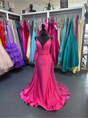 ellie wilde Hot Pink Satin Mermaid Prom Gown with Lace Train